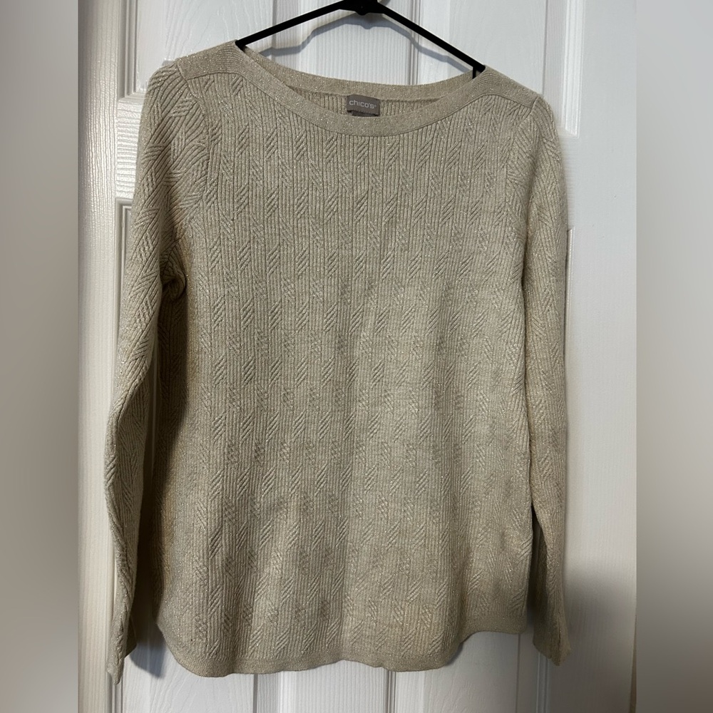 Chico’s Cream with Gold Threading Boatneck Long Sleeve Pullover Sweater Size: 1